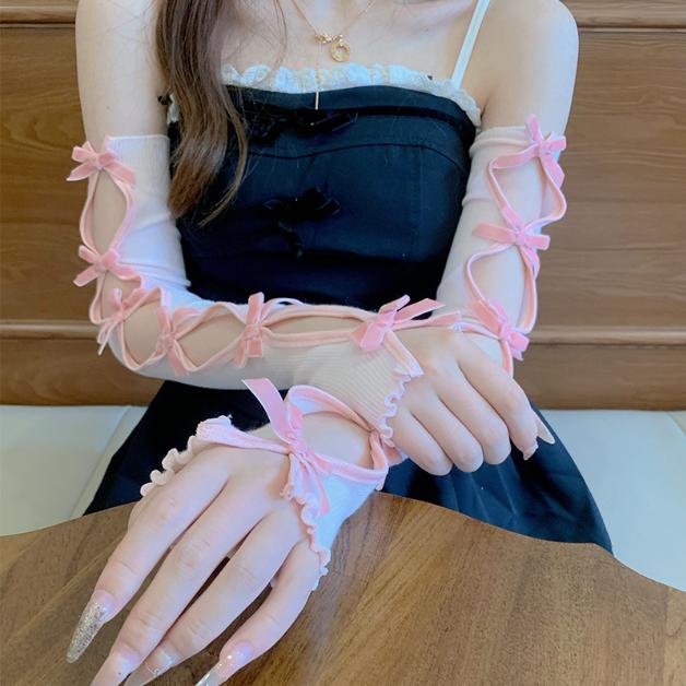 Y2K Cutout Arm Warmers with Velvet Bows, Ribbed Knit Fingerless Gloves Ruffle Trim for Women Girls Balletcore Lolita Fashion