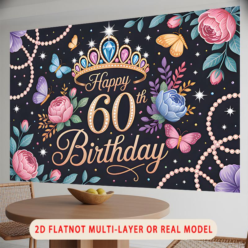 Party Backdrop Birthday Rose Butterfly Multicolor 60th 60 Photo Booth Background Wall Decor