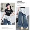 Girls' Trendy Backless T-Shirt & Jeans Set with Lace Jazz Dance Cover