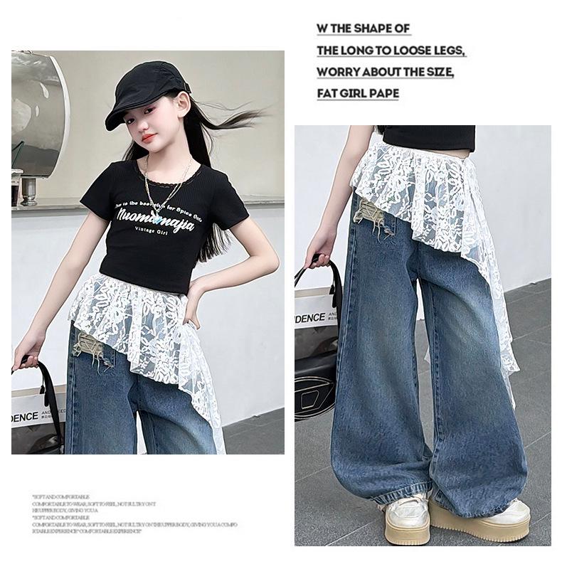Girls' Trendy Backless T-Shirt & Jeans Set with Lace Jazz Dance Cover