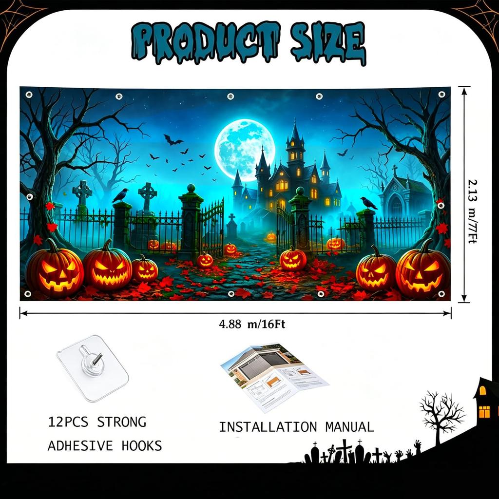 Halloween Garage Door Cover 7 x 16 Ft Large Hanging Backdrop Door Banner