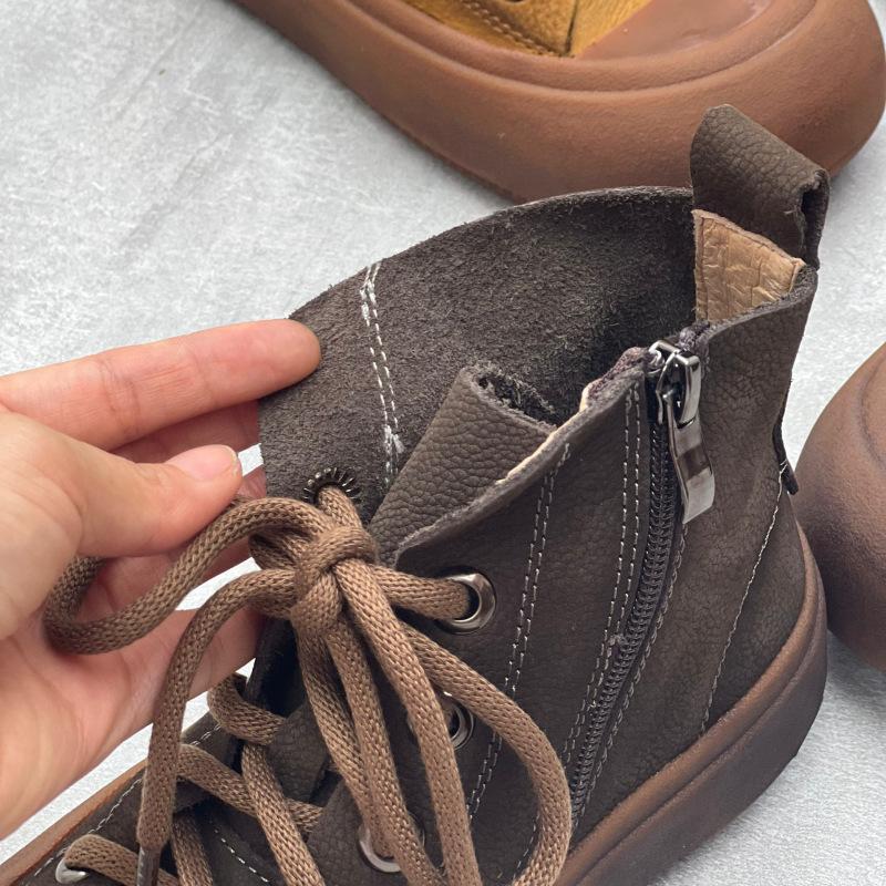 Johnature Vintage členkové čižmy z pravej kože s hrubou podrážkou, ležérne čižmy z hovädzej kože, dámske ploché topánky na platforme