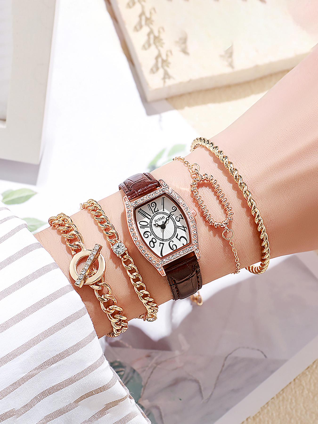 

Без подарочной коробки Цифровые весы бочкообразный циферблат ретро кожаный ремешок модные женские часы браслет с бриллиантовой инкрустацией набор из 5 штук коричневый