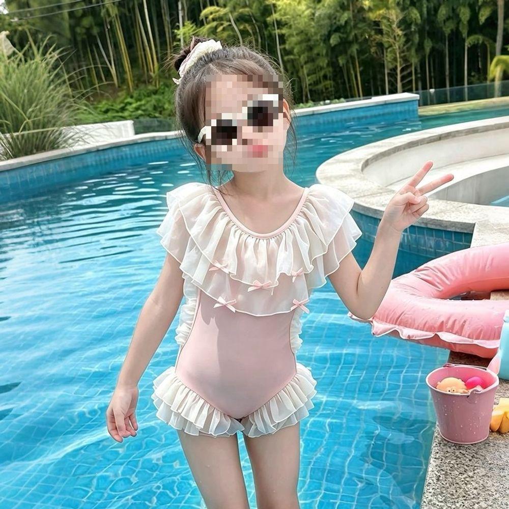 Toddler Girls' Cute One-Piece Swimsuit with Sun Protection and Lace Ruffles