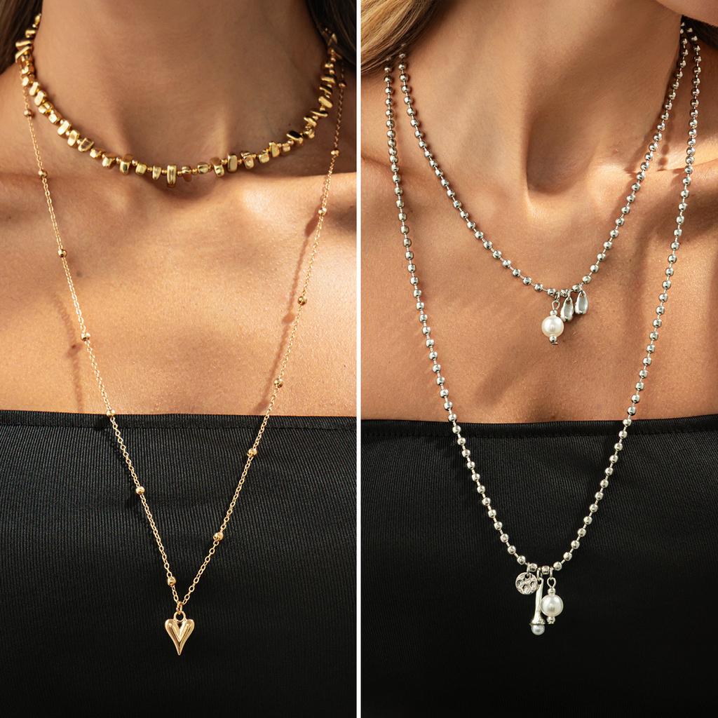 Fashion Metal Love Pendant Stacked Long Necklace, Irregular Gravel Round Bead Chain Necklace