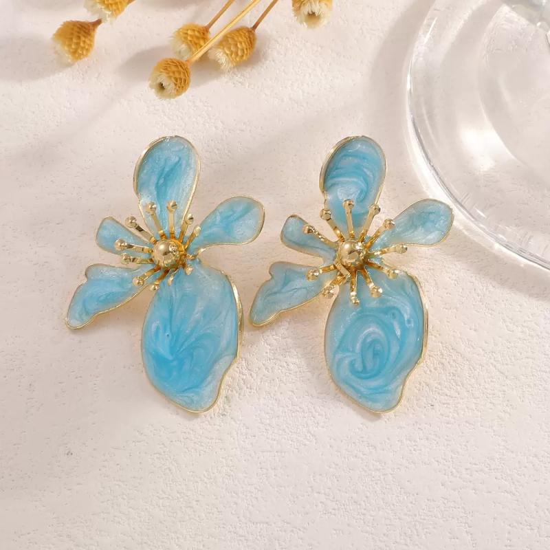 Marbled Enamel Flower Earrings with Polished Gold Trim Lovely Chic Design for Wedding Prom Party Gift for Her