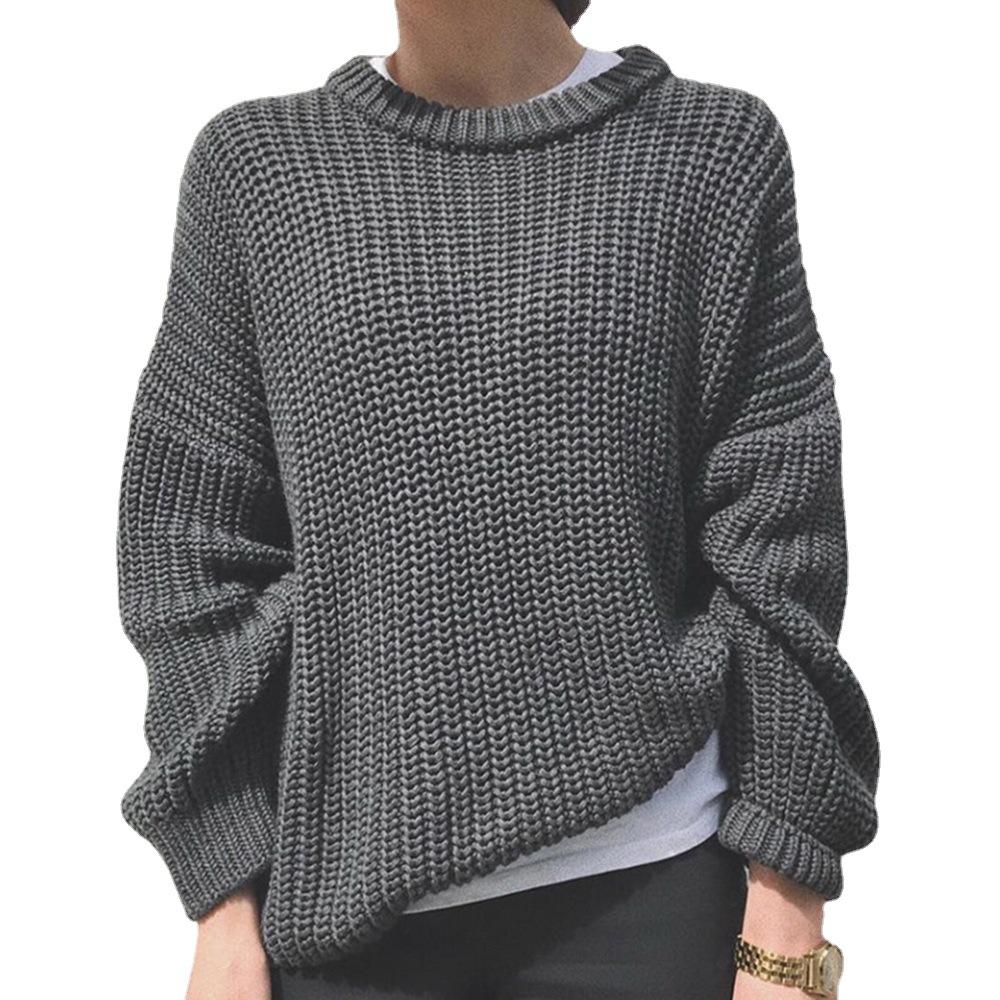 Autumn and winter new casual simple coarse needle long sleeved round neck loose knit pullover sweater for women 3502