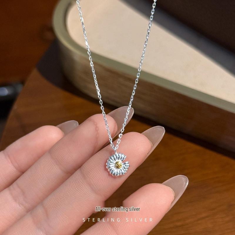 Cui Yan S925 Sterling Silver Daisy Necklace - Korean Summer Forest Style Women's Choker Jewelry
