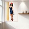 Sexy Woman with Axe Tin Sign, Vintage Metal Wall Decor, Red Hat Navy Dress Art for Bar Pub Home Cafe, Vertical Grooved Pillar Fr