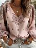 Printed lady's casual retro western style V-neck shirt, retro bohemian blouse, women's lantern sleeve design, Valentine's Day gift