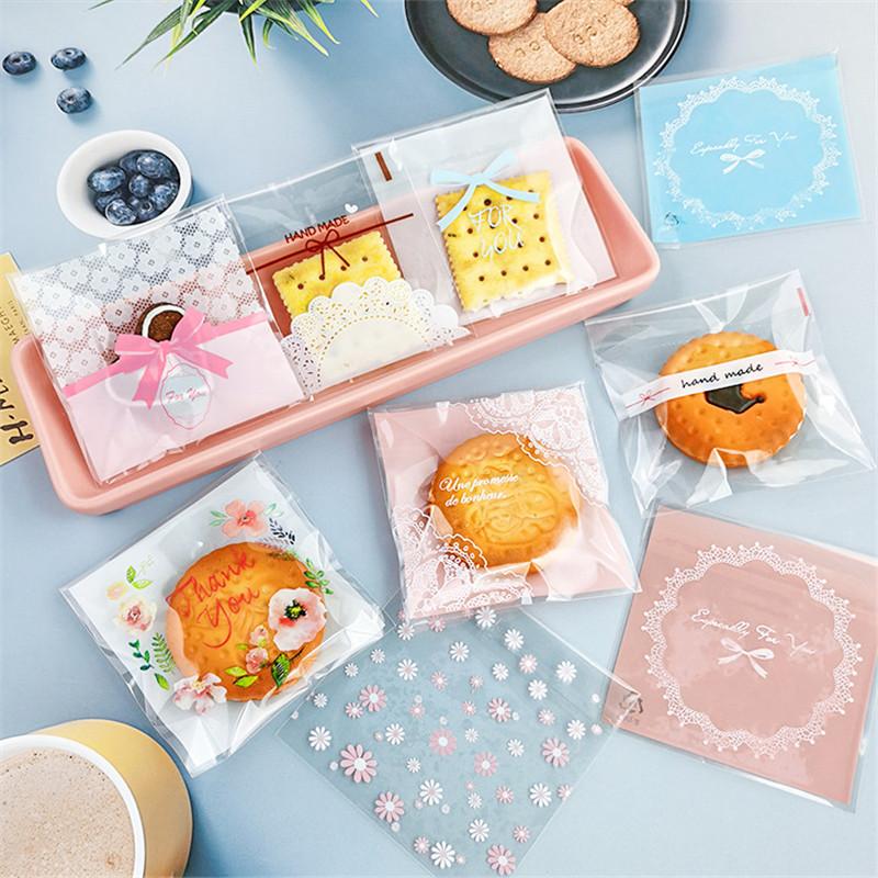 100 Pcs 10x10+3cm Flower Pattern Printed Plastic Bags Cookie Biscuits Snack Self Stick Package For Wedding Party Gift