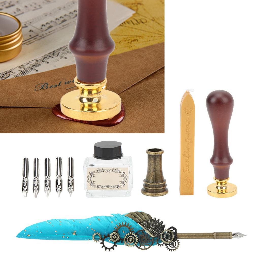 Retro Pen Set Vintage Map Pattern Quill Pen Set with 5 Replacement Nibs Pen Stand Base Ink Empty Bottle for Writing
