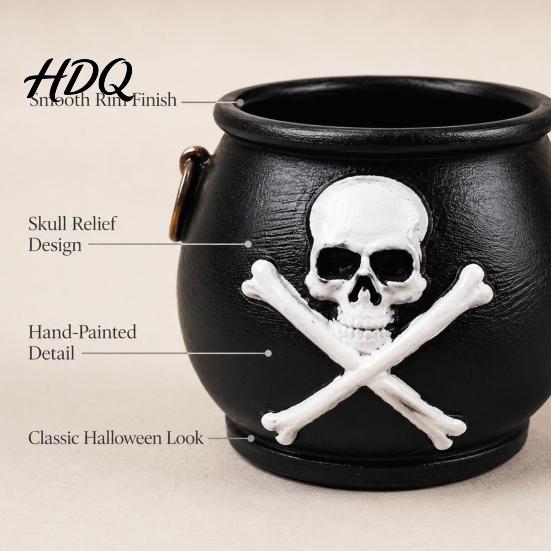 Vintage Metallhenkel Topf Hexenkessel Pflanzgefäß, Halloween Totenkopf Blumentopf, Gotischer Harz Mini Topfpflanzen Halter Schwarze Süßigkeitenschale für Kräuter,
