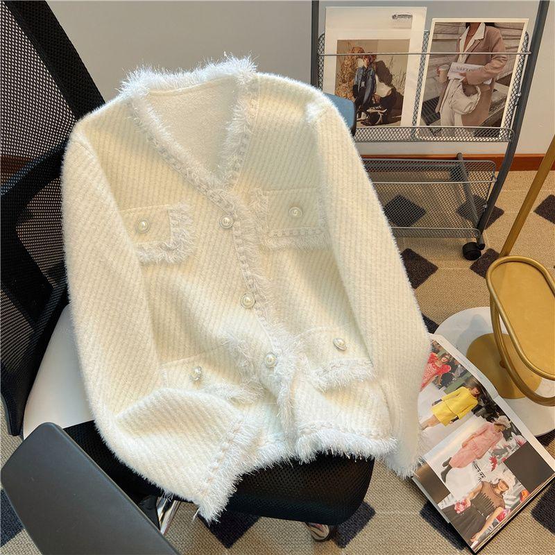 

Милый и элегантный мягкий вязаный свитер во французском стиле с искусственным мехом норки для женщин XL белый