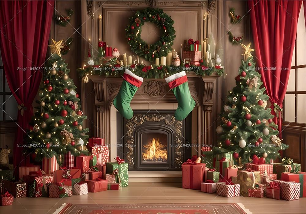 Kış Penceresi Noel Arka Planı Şömine Noel Ağacı Hediyeler Ayıcık Navidad Parti Dekorasyonu Çocuk Portre Fotoğrafçılığı Arka Planı