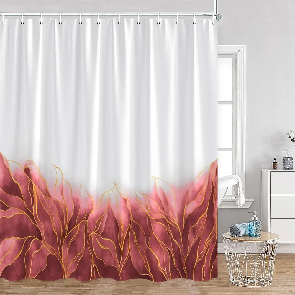 Simple Style Flower and Leaf Shower Curtain Golden Line Abstract Bathroom Decoration Modern Polyester Fabric Shower Curtain