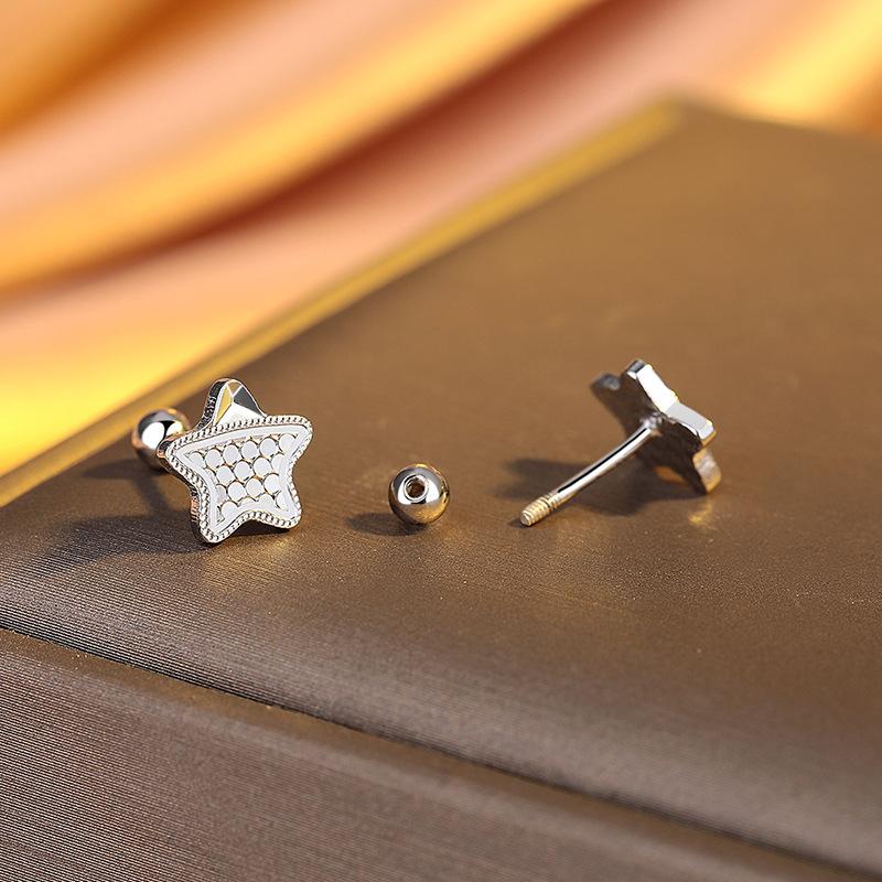 Silver Crushed Ice Pentagram Stud Earrings Women'S Fashion High Sense Versatile Screw Button Earrings