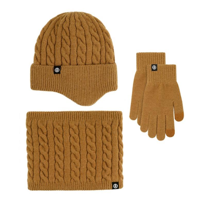 Winter Scarf Warm Three-piece Set, Velvet Outdoor Thickened Ear Protection Knitted Hat Scarf Gloves Three-piece Set