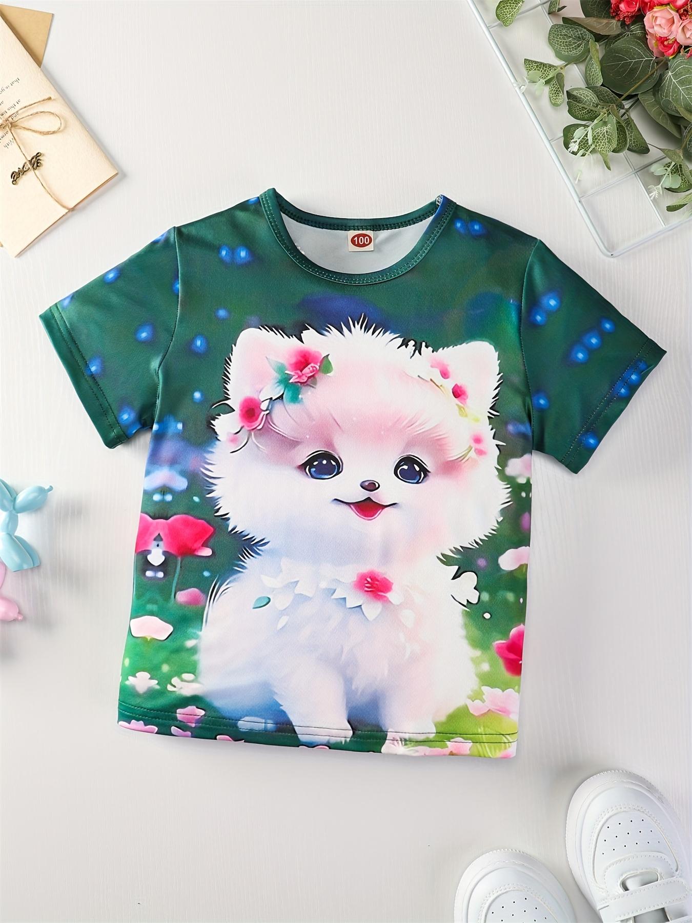 

2024 Летняя милая футболка с коротким рукавом и принтом в виде кошки и собаки из мультфильма для девочек-подростков, детская футболка с 3D-принтом для девочек 160