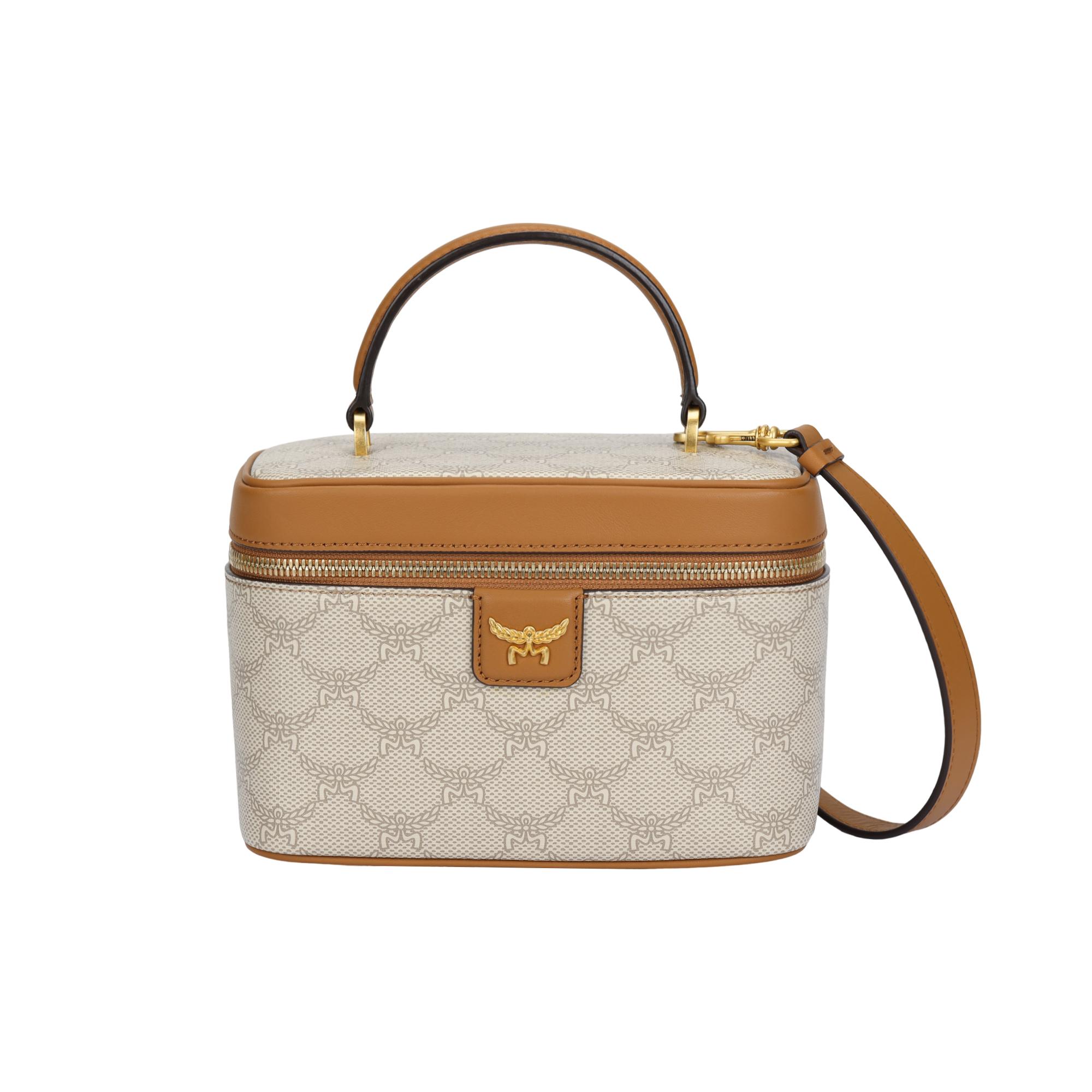 MCM Lauretos Verguld Messing Accessoire Make-up Tas Schouder Crossbody Tas Canvas Met Napa Lederen Afwerking Handtas Kleine Dames handtassen MWRESAC02I9001 Basic Set (Bag+Dust Bag)