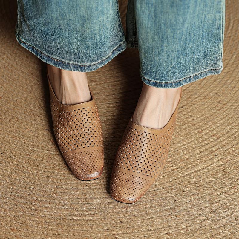 Fashion 2025 New Genuine Leather Hollow Out Mueller Slippers Woman Round Toe Slip-on Casual Shoes Summer Shoes Outdoors Walk Shoes Woman