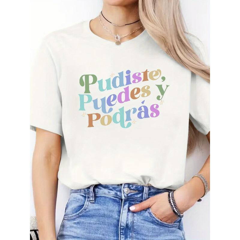 

Spanish Letter Print Spring Summer Casual Round Neck Short Sleeve Sports T-Shirt Women s Top S белый