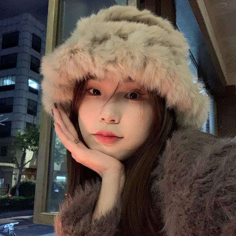 Rabbit hair hat women's autumn and winter thickened warm ear protection knitted hat loose big head circumference wool bucket hat shows small face