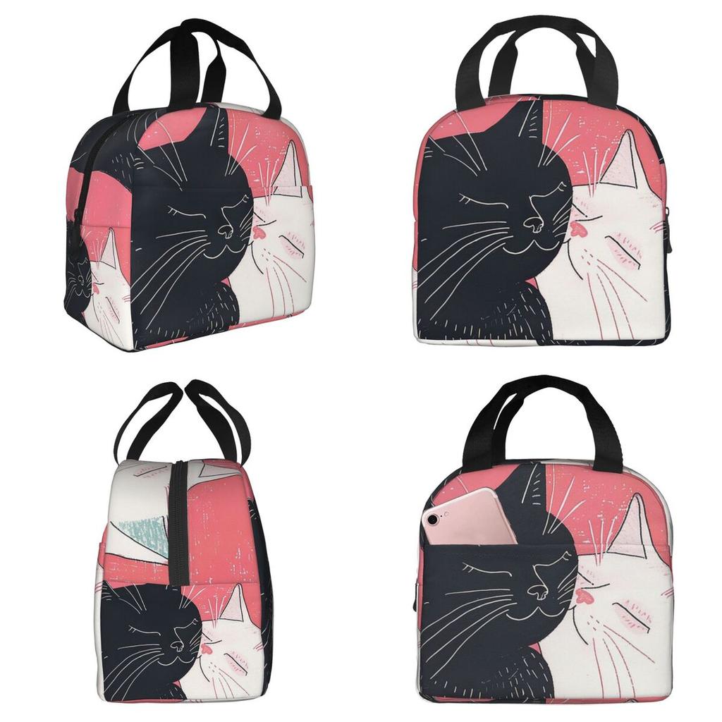 Cartoon Black White Cat Print Insulated Lunch Bag for Women Office Cooler Thermal Food Box Tote Leakproof Lunch Boxes Container