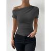 Women's Oblique Collar Short Sleeve Slim Fit Ruched Top Solid Color Casual Blouse