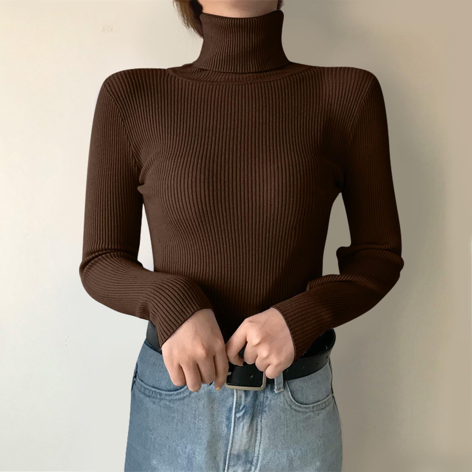 

Женский однотонный вязаный свитер с воротником, обтягивающим низом и длинным рукавом One Size кофейный