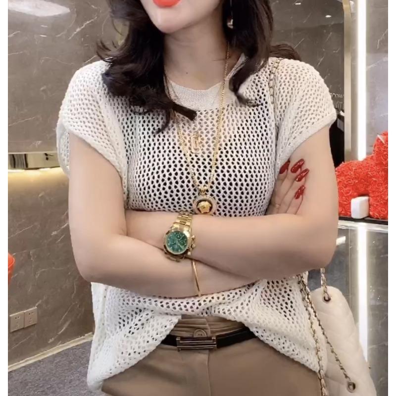 Niche Design Sense Hollow Thin Half-sleeved Women's Sweater, Summer New Style Black Sexy Chic Loose Short-sleeved Top