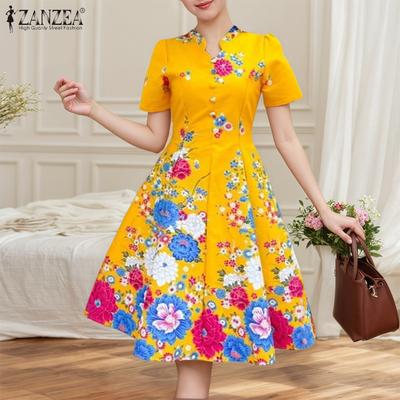Women Floral Print Summer Casual Short Sleeve Dress