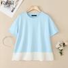 ZANZEA Women Casual Round Neck Short Sleeve Splice T-Shirts