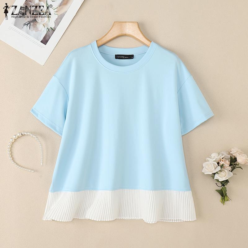 ZANZEA Women Casual Round Neck Short Sleeve Splice T-Shirts
