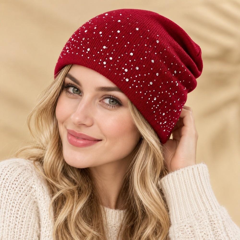 Warmth Pullover Beanie Shiny Rhinestone Decor Winter Fall Hat Knitted Hat  Outdoor Streetwear