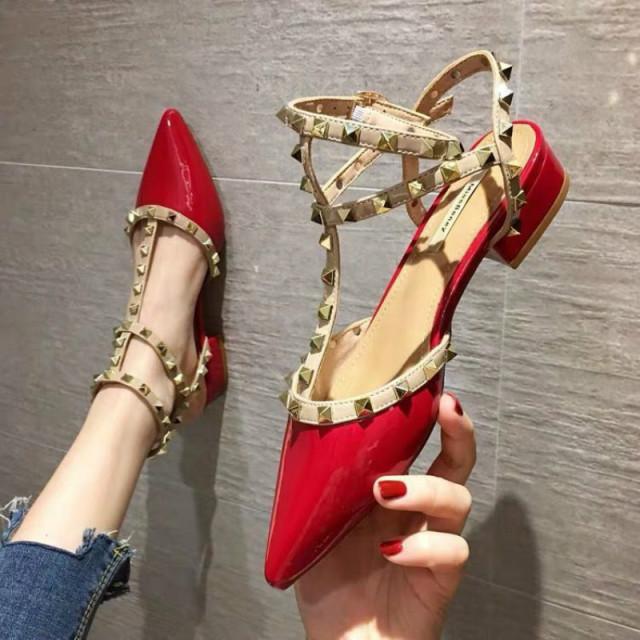 Women 'S Sandals  New Baotou Word Buckle Thick Heel Pointed Rivets High Heels Fashion Women 'S Shoes Orange Wild Sandals Women