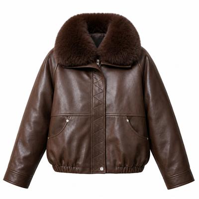 Women Faux Leather Jacket Faux Fur Collar Winter Warm Short Bomber Coat