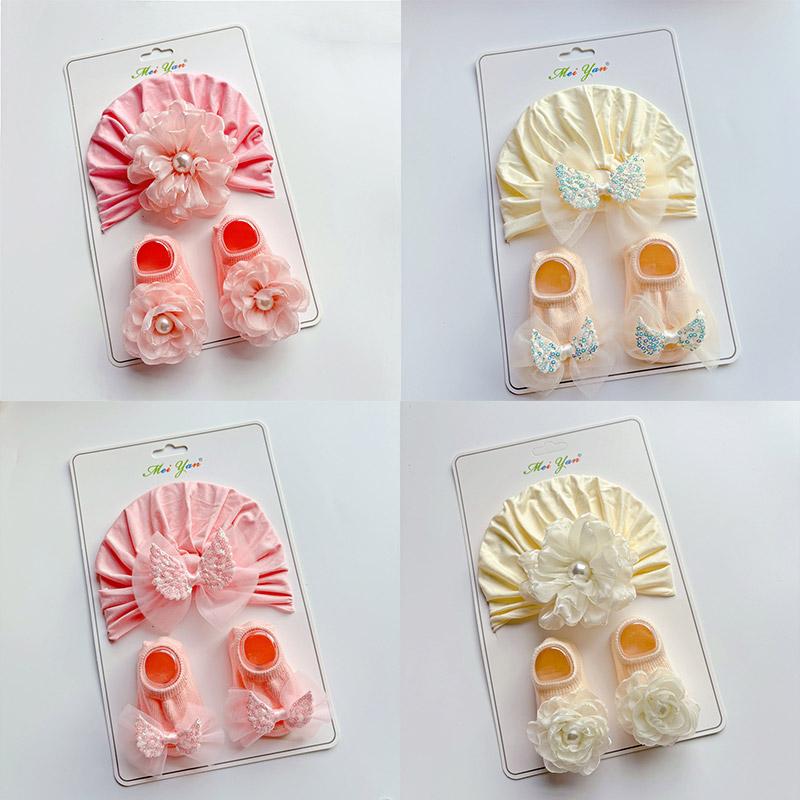 Flower Baby Turban Cap Socks Set Lace Bowknot Newborn Indian Hat Solid Cotton Kids Boat Sock Children Headwear Hair Accessories