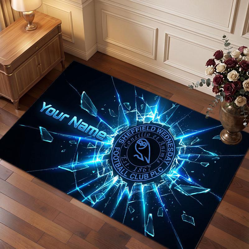 Sheffield Wednesday FC Custom Crystal Velvet Rug, Personalized Name Text Print, Football Logo Soft Non‑Slip Floor Mat Home Decor Gift