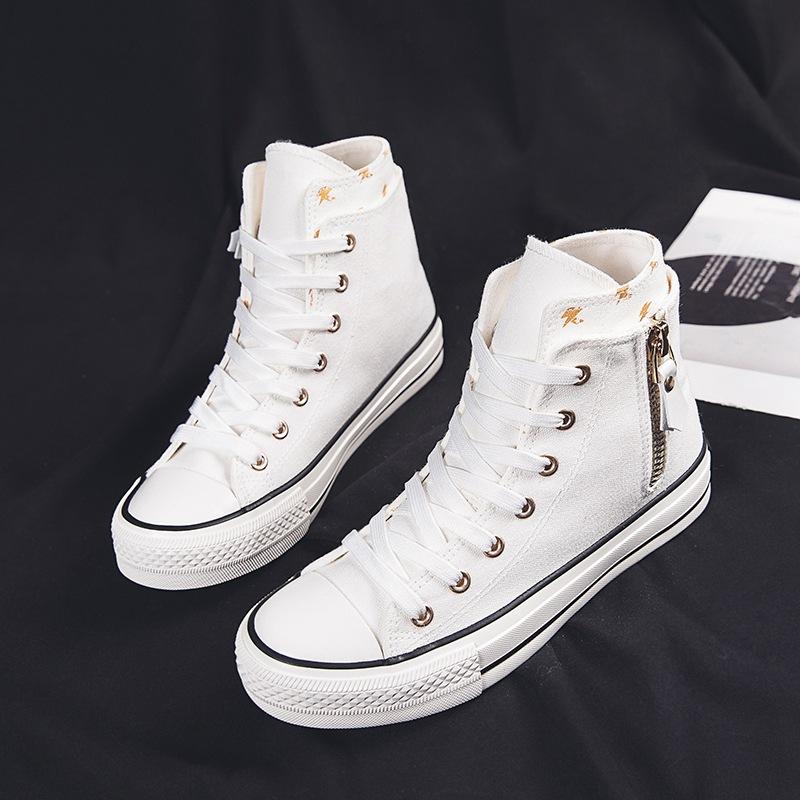 2025 Spring Summer New Strappy Flat Mid-Top Canvas Shoes Side Zipper Women's Sneakers Casual Shoes Student Cloth Shoes