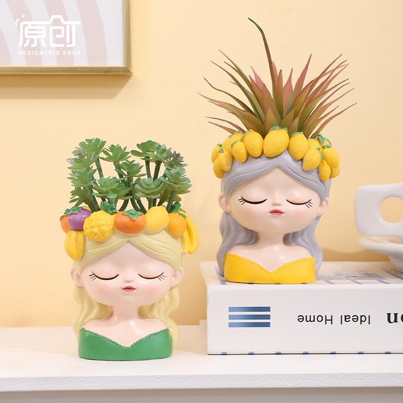 Charming Girl & Fruit Harvest Mini Planter, Cute Decorative Flower Pot for Succulents & Small Indoor Plants for Desk Decor