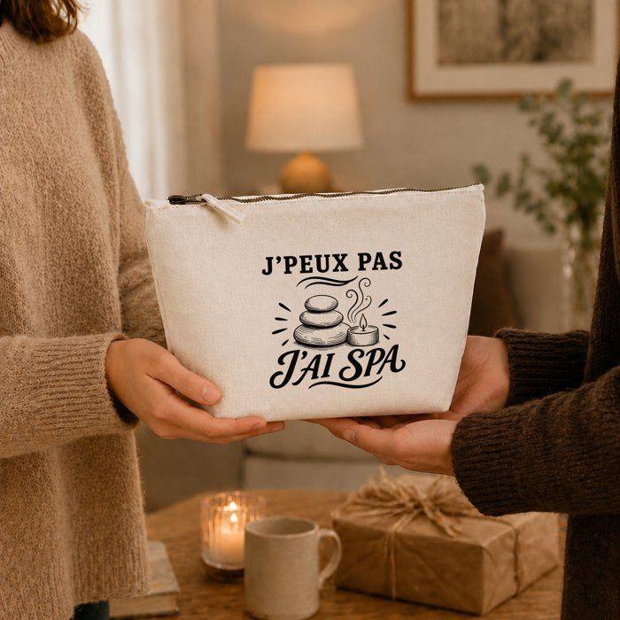 Trousse de toilette - PLANETEE - J'peux pas j’ai Spa J'peux pas minimaliste - Beige - 100% coton - 3 L zippée