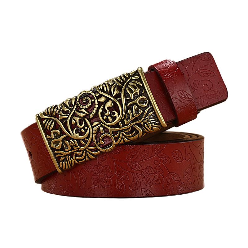 Ceinture Rétro en Cuir Véritable Gaufré pour Femmes Hommes Large Ceinture de Taille en Cuir de Vache Boucle Fleur Dorée Vintage Mode Ceinture pour Jeans Robe 115CM rouge