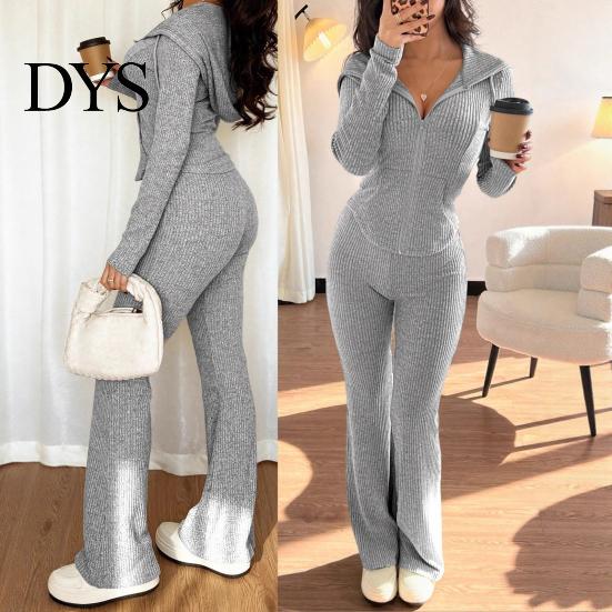 Women Lounge Wear Set Women's 2 Piece Sweatsuits Zip Up Hoodies And Bell Tracksuit Bottom Pants Ribbed Knit Outfits Sexy Bodycon Workout Tracksuits