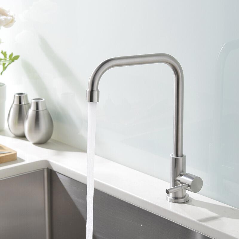 Brushed Stainless Steel Kitchen Faucet, Single Cold with Full Copper Core, 4-Point Connection
