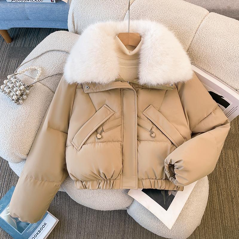 Down Jacket Women's Short Large Fur Collar Winter New Korean Style Bread Coat Cotton Jacket Small Person Cotton Coat Jacket