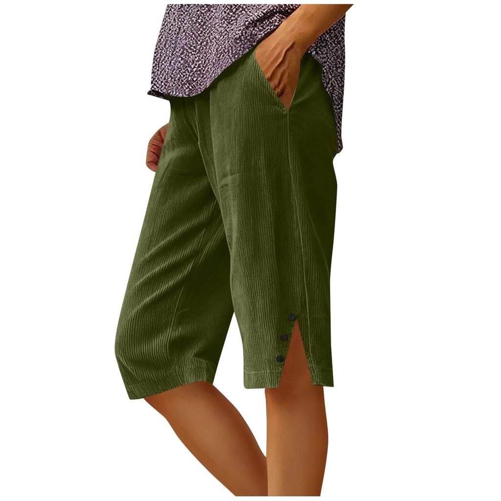 Women’s Corduroy Knee Length Shorts Relaxed Fit Button Side Pockets Casual Lightweight Soft Material