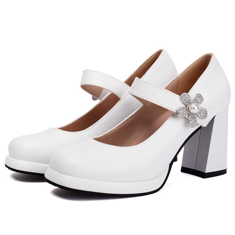 Damen High Heels Mary Janes Schuhe 2025 Mode Schwarz Weiß Blockabsatz Büro Hochzeitsschuhe Damenkleid Pumps Große Größe 45