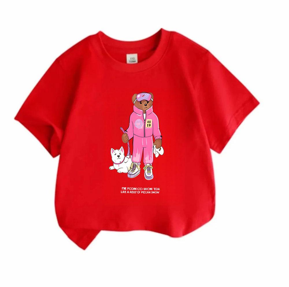 Kids Unisex 100% Cotton Crew Neck Short Sleeve T-Shirt, Cute Cartoon Bear in Pink Tracksuit with Pet Dog Print Casual Soft Tee for Boys Girls Daily We