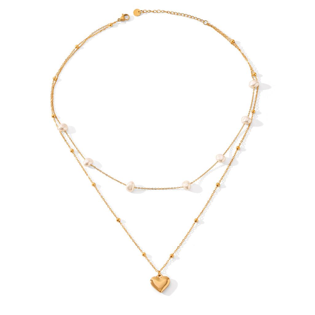 Layered Pearl Necklace With Heart Pendant Titanium Steel Choker For Women Elegant Collarbone Chain